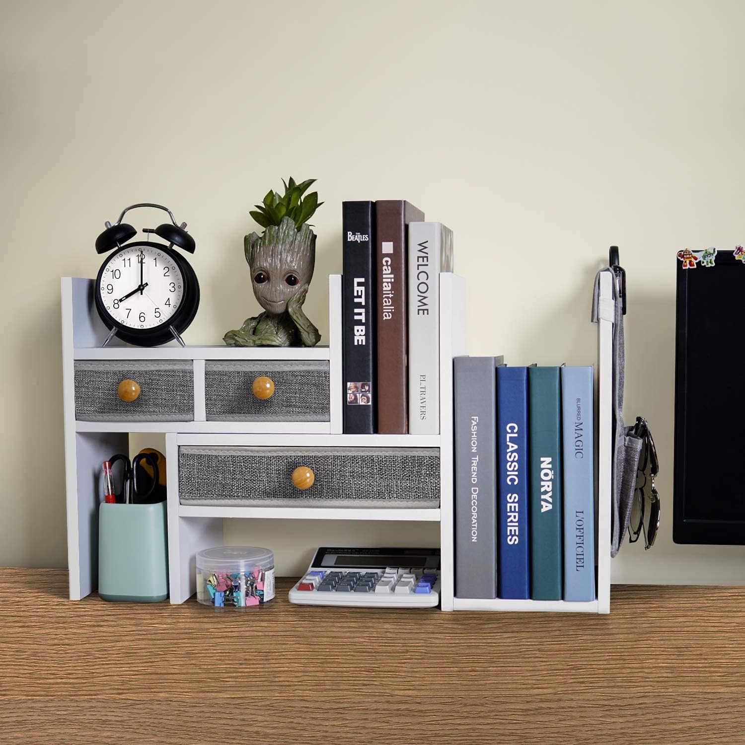 X-cosrack Wood Expandable Desktop Bookshelf Counter Bookcase Adjustable with Drawers Desktop Shelves Rack Storage Organizer for Office Supplies,Makeup,White.Petent Pending - Image 2
